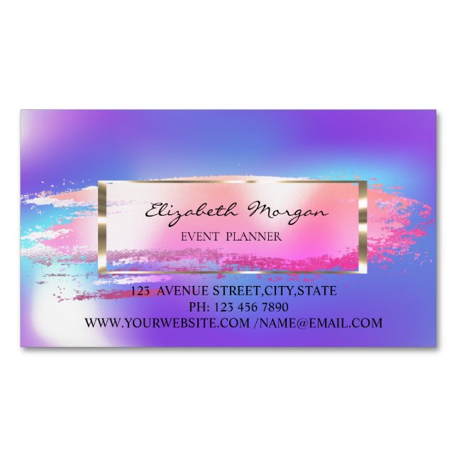 Trendy Striped,Brush Stroke,Gold Frame Holographic Magnetic Business Card (Front)
