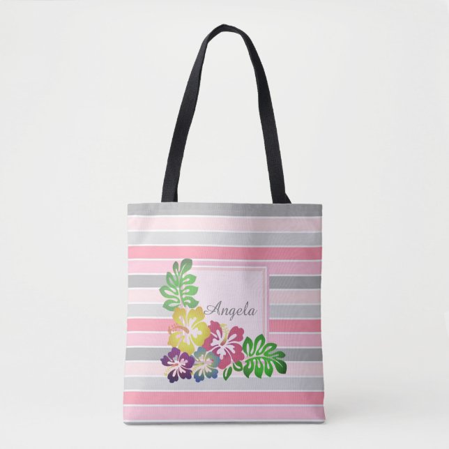 Trendy Striped, Hawaii Hibiscus -Personalised Tote Bag (Front)