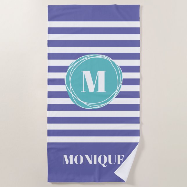 Trendy Striped Monogram Custom Beach Towel (Front)