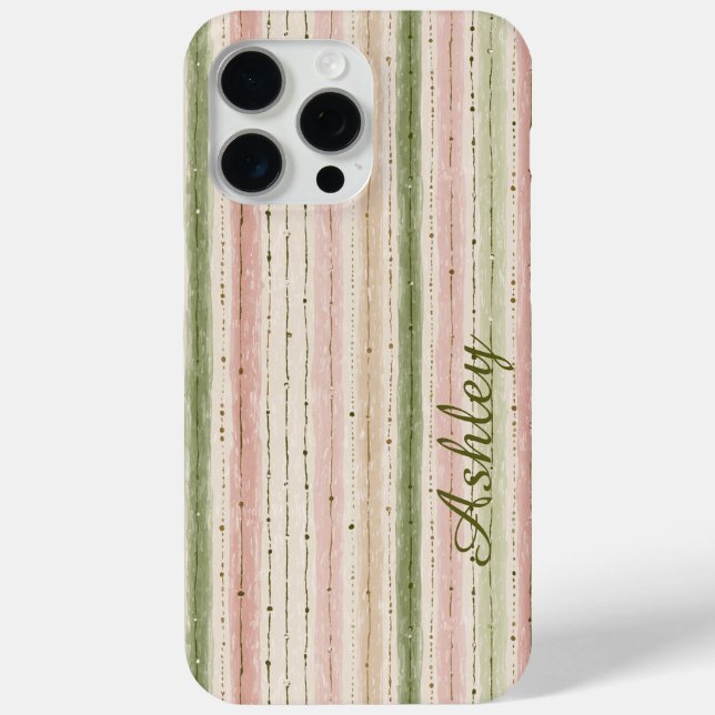 Trendy Striped Pink Green Monogram Case-Mate iPhone Case (Back)