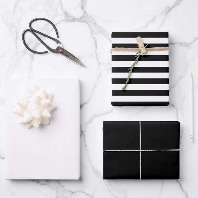 Trendy Stripes Black White Solid Colour Wrapping Paper Sheet (Front)