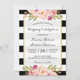 Trendy Stripes Floral Gold Wedding Celebration Invitation