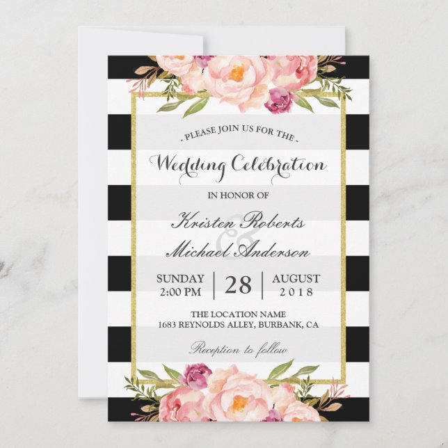 Trendy Stripes Floral Gold Wedding Celebration Invitation (Front)