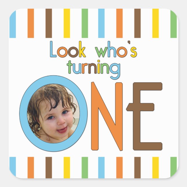 Trendy Stripes Look Who's Turning One Square Sticker (Front)
