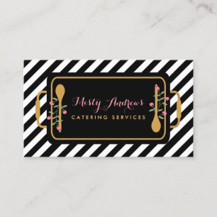 Trendy Stripes Party Caterer Floral Serving Tray Business Card