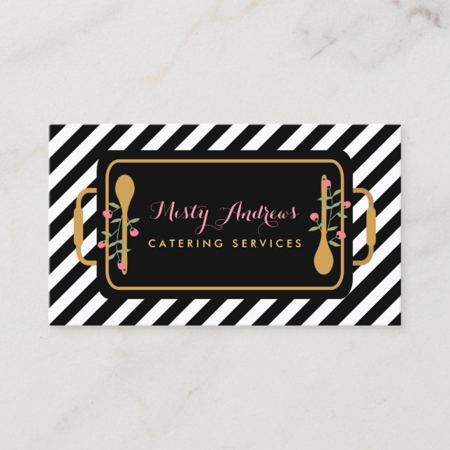 Trendy Stripes Party Caterer Floral Serving Tray Business Card (Front)