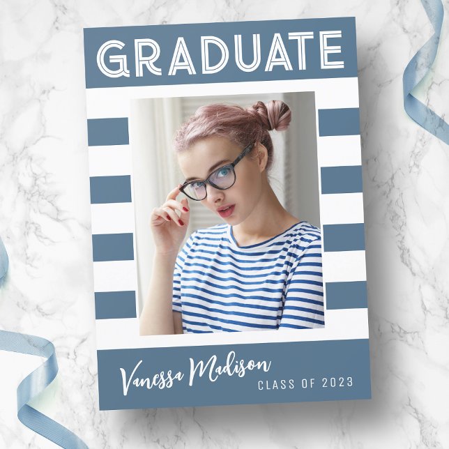 Trendy Stripes Simple Retro Graduate Photo Blue Announcement (Creator Uploaded)
