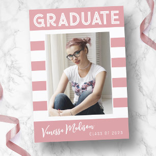 Trendy Stripes Simple Retro Graduate Photo Pink Announcement