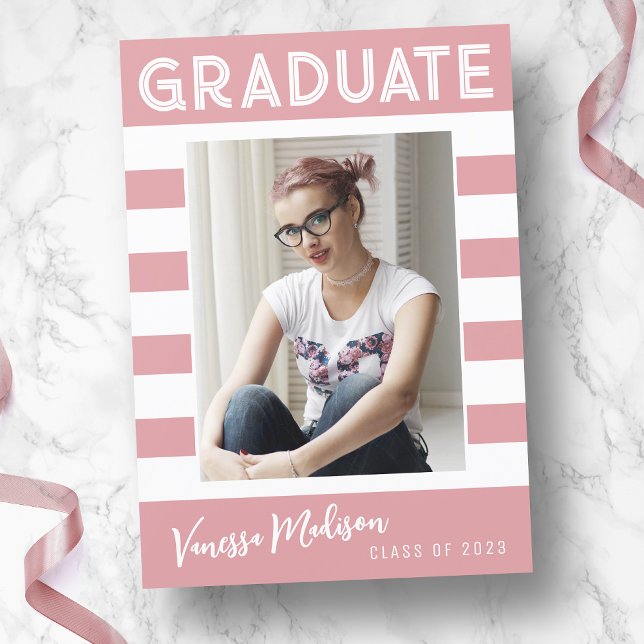 Trendy Stripes Simple Retro Graduate Photo Pink Announcement (Creator Uploaded)