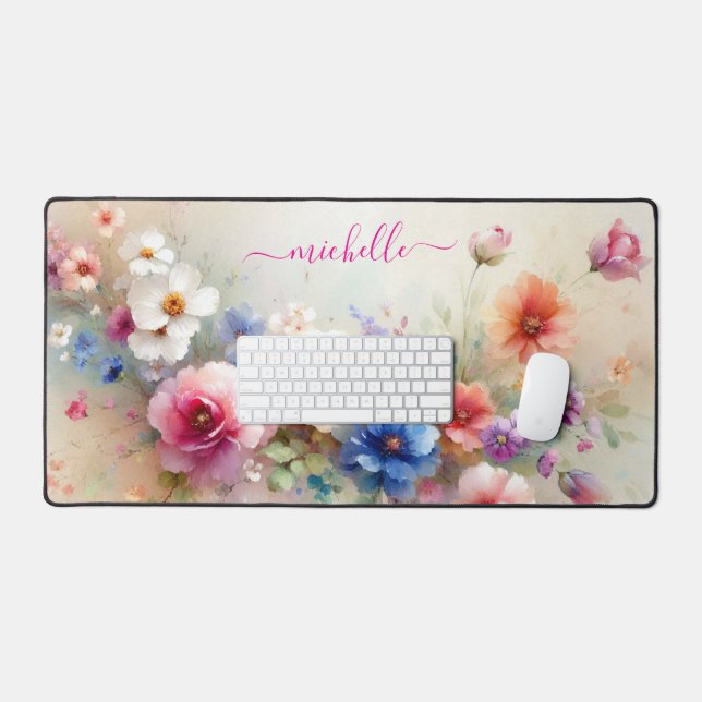 Trendy Stylish Aquarell Flowers Custom Name Desk Mat (Keyboard & Mouse)