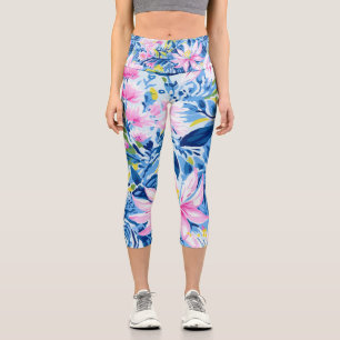 Trendy Stylish Blue Pink Lilly Floral Pattern Capri Leggings