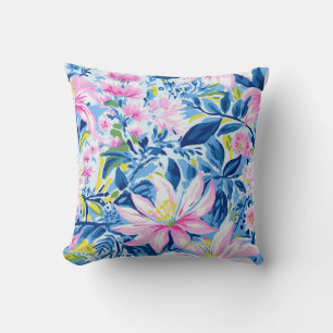 Trendy Stylish Blue Pink Lilly Floral Pattern Cushion