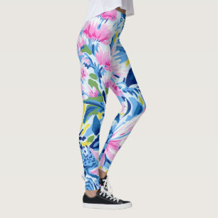 Trendy Stylish Blue Pink Lilly Floral Pattern Leggings