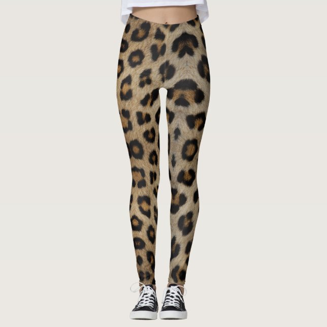 Trendy stylish bold leopard fur animal print chic leggings (Front)