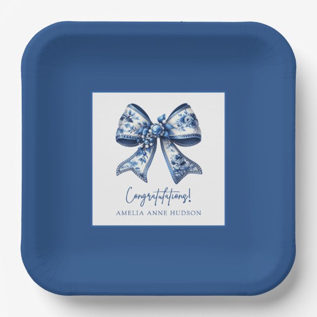 Trendy Stylish Bow Blue Graduation Party Paper Plate (Front)