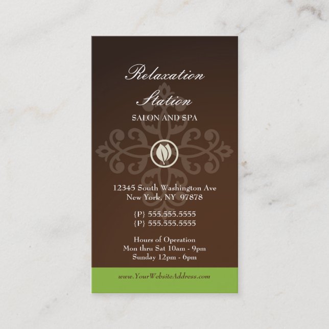 Trendy stylish brown green damsk spa business card (Front)