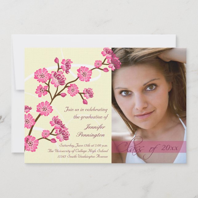 Trendy stylish cherry blossom photo graduation invitation (Front)