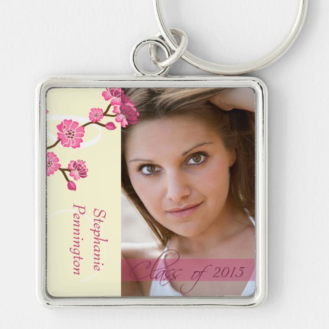 Trendy stylish cherry blossom photo graduation key ring (Front)