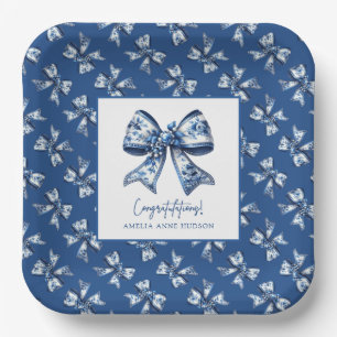Trendy Stylish Floral Bows Blue Graduation Party Paper Plate