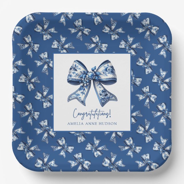 Trendy Stylish Floral Bows Blue Graduation Party Paper Plate (Front)