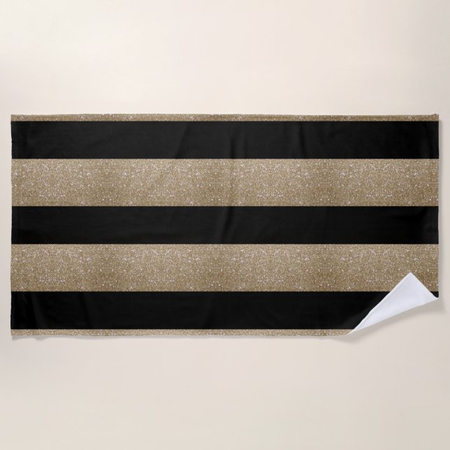 trendy stylish geometric black and gold stripes beach towel (Front)