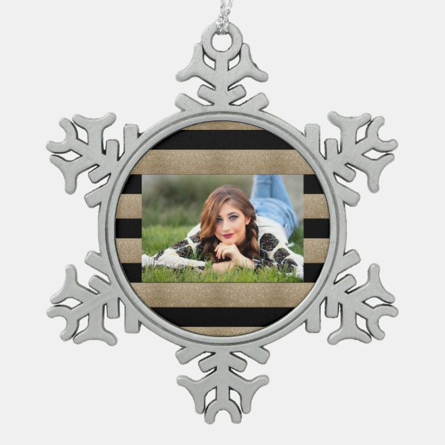 trendy stylish geometric black and gold stripes snowflake pewter christmas ornament (Front)