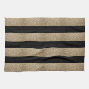 trendy stylish geometric black and gold stripes tea towel