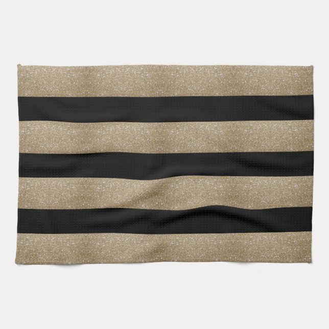trendy stylish geometric black and gold stripes tea towel (Horizontal)