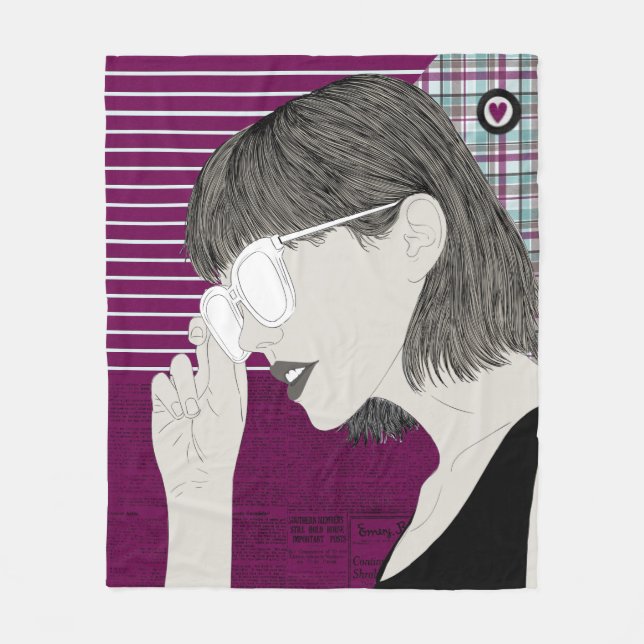 Trendy Stylish Girl Chic Purple Collage Love Heart Fleece Blanket (Front)