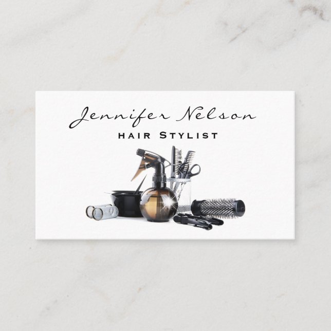 Trendy Stylish Hair stylist Salon Tools Beauty Business Card (Front)