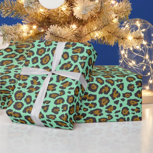 Trendy stylish leopard animal print pattern aqua wrapping paper (Holidays)