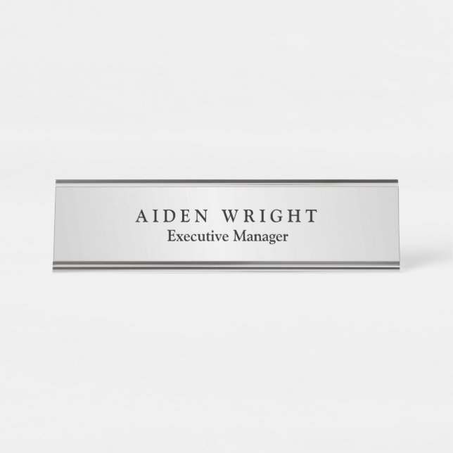 Trendy Stylish Modern Minimalist Silver Grey Desk Name Plate (Front)
