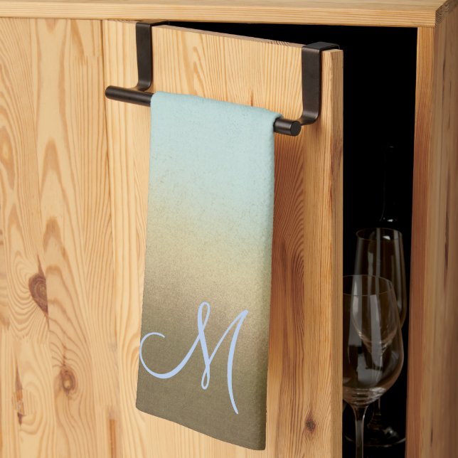 Trendy Stylish Monogram Ombre Blue Brown Tea Towel (Thirds Fold)