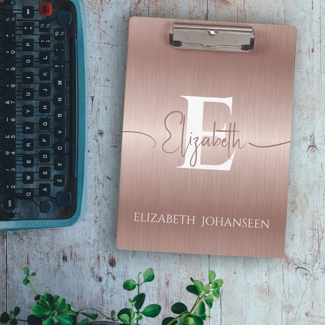 Trendy Stylish Rose Gold Brushed Metal Monogrammed Clipboard (Creator Uploaded)