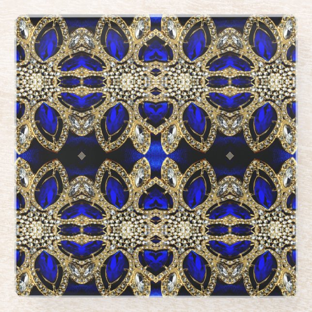 trendy stylish turquoise gold silver deep blue  glass coaster (Front)