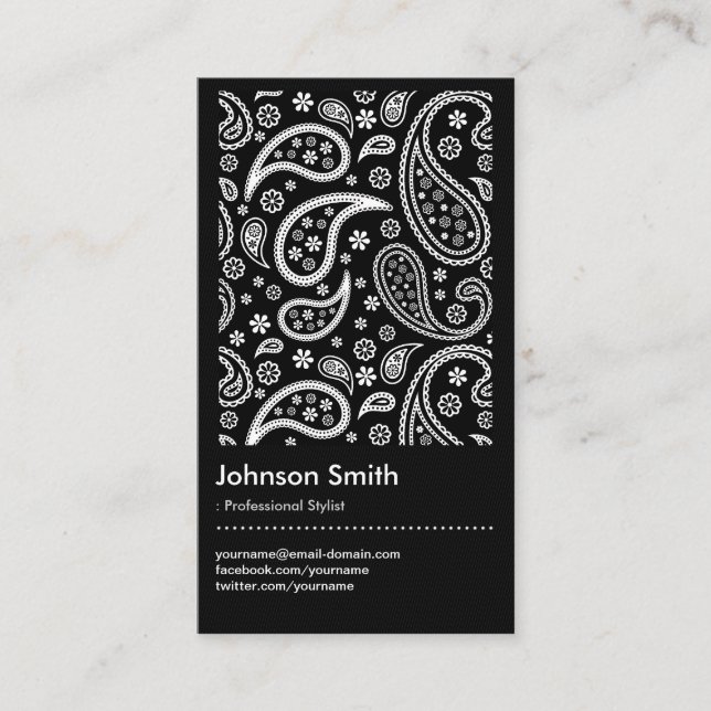 Trendy Stylist - Black and White Paisley Pattern Business Card (Front)