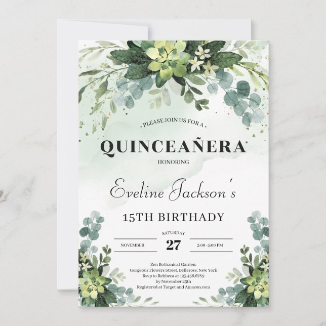 Trendy succulent eucalyptus boho quinceanera invitation (Front)