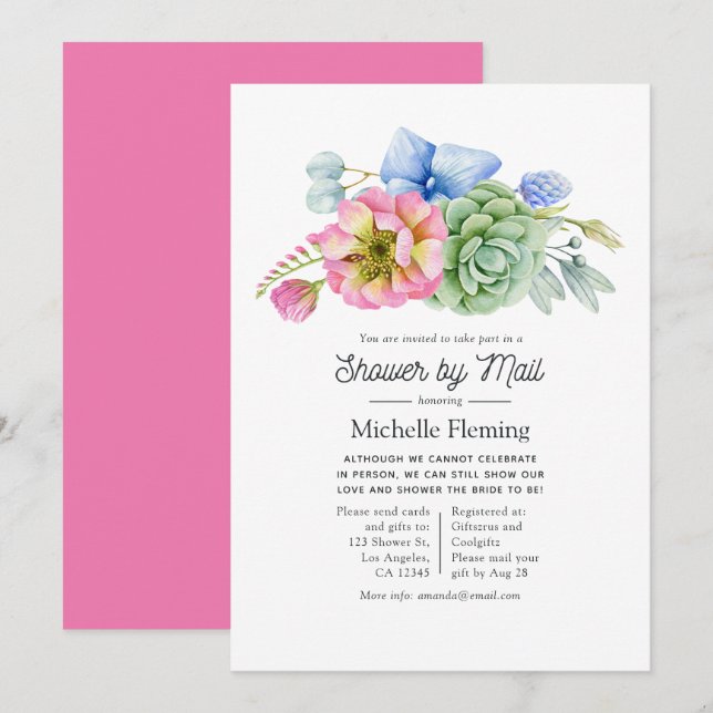 Trendy Succulent Floral Bridal Shower by Mail Invitation (Front/Back)
