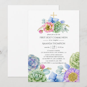 Trendy Succulent Floral First Holy Communion Invitation