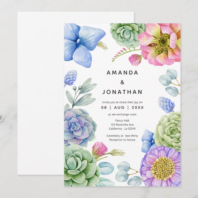 Trendy Succulent Floral Wedding Invitation (Front/Back)