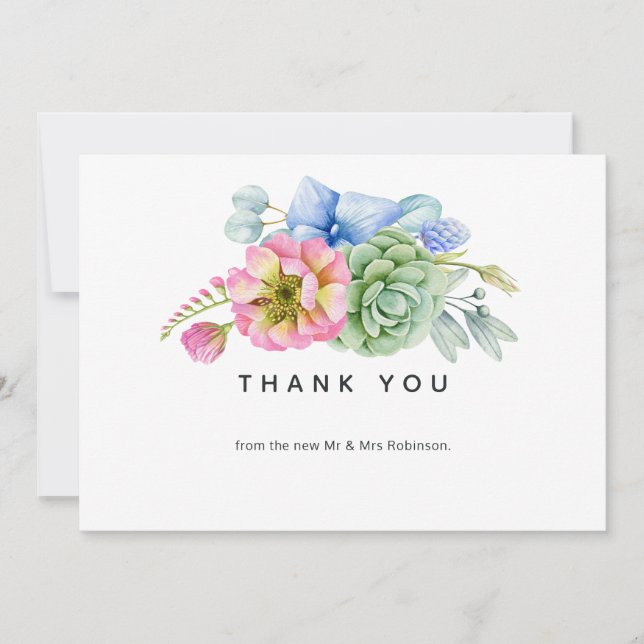 Trendy Succulent Floral Wedding Thank You Card (Front)