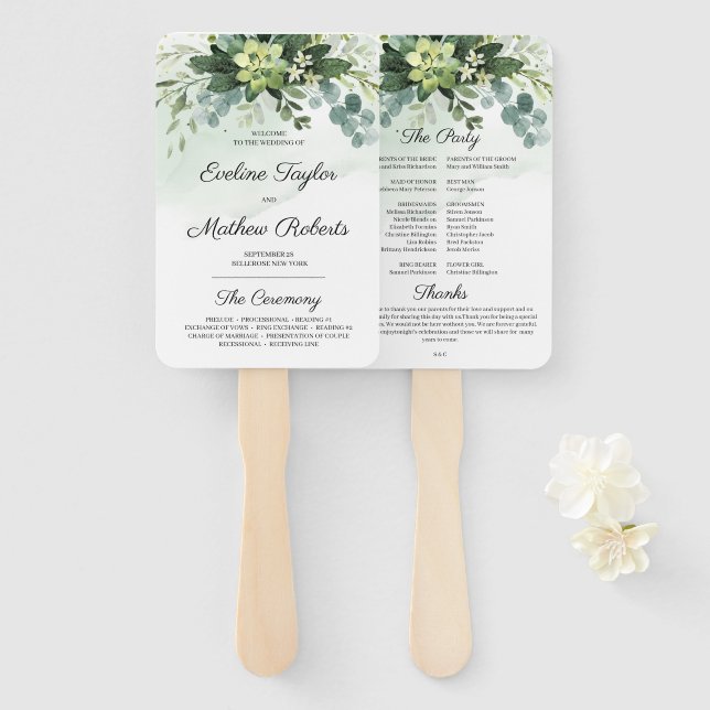 Trendy Succulent Flowers Gold Glitter Program Fan (Front and Back)