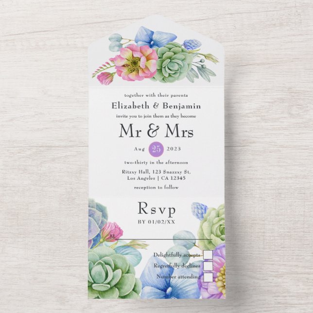 Trendy Succulent Tropical Floral Wedding All In On All In One Invitation (Inside)