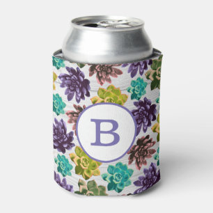 Trendy Succulents & White Wood Print Can Cooler