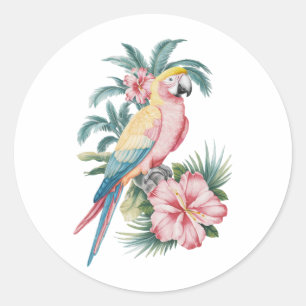 Trendy  Summer beach Parrot and Hibiscus Flowers   Classic Round Sticker