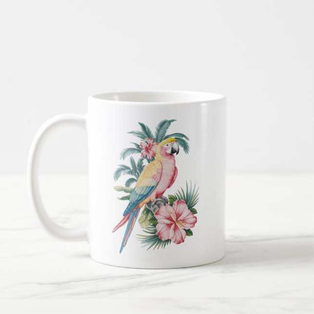 Trendy  Summer beach Parrot and Hibiscus Flowers   Coffee Mug (Left)