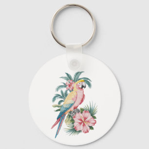 Trendy Summer beach Parrot and Hibiscus Flowers Key Ring