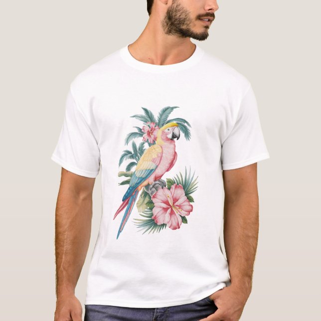 Trendy  Summer beach Parrot and Hibiscus Flowers   T-Shirt (Front)