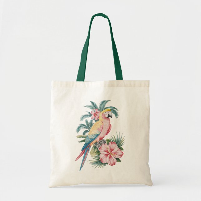 Trendy Summer beach Parrot and Hibiscus Flowers  Tote Bag (Front)