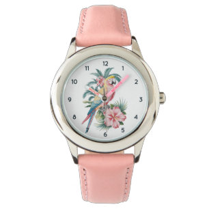 Trendy Summer beach Parrot and Hibiscus Flowers Watch